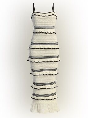 JLUXLABEL Ivory and Black Striped Ruffle-Tier Pencil Dress